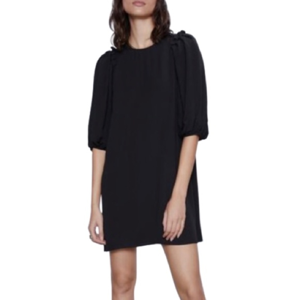 NWOT ZARA Voluminous Ruffle Sleeve Black Mini
Shirtdress- Size S